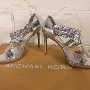 Michael Kors Metallic Silver Bella Ruffled Bridal Heels
